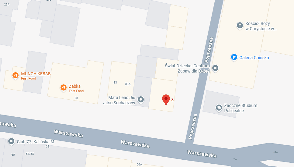 Zrzut ekranu Google Maps z zaznaczoną lokalizacją studia przy ul. Warszawskiej 33AA w Sochaczewie